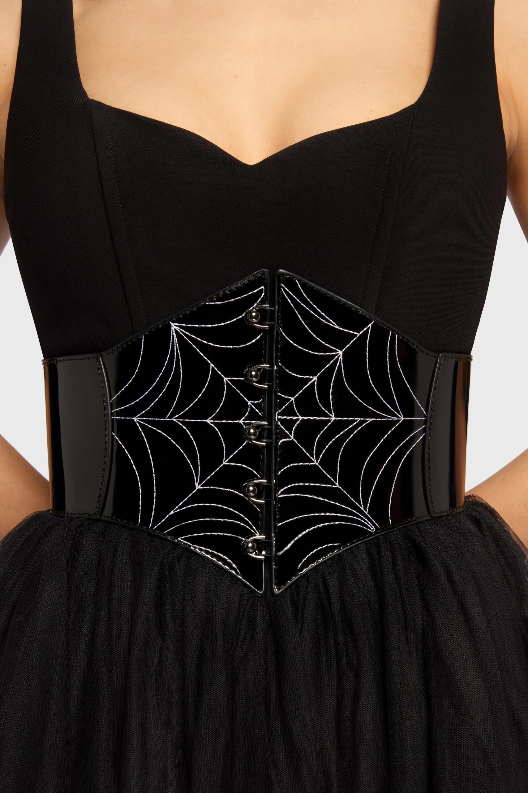Black Spiderweb Embroidered PU Corset Belt – Gothic Waist Cincher with Hook Closure - Image 2