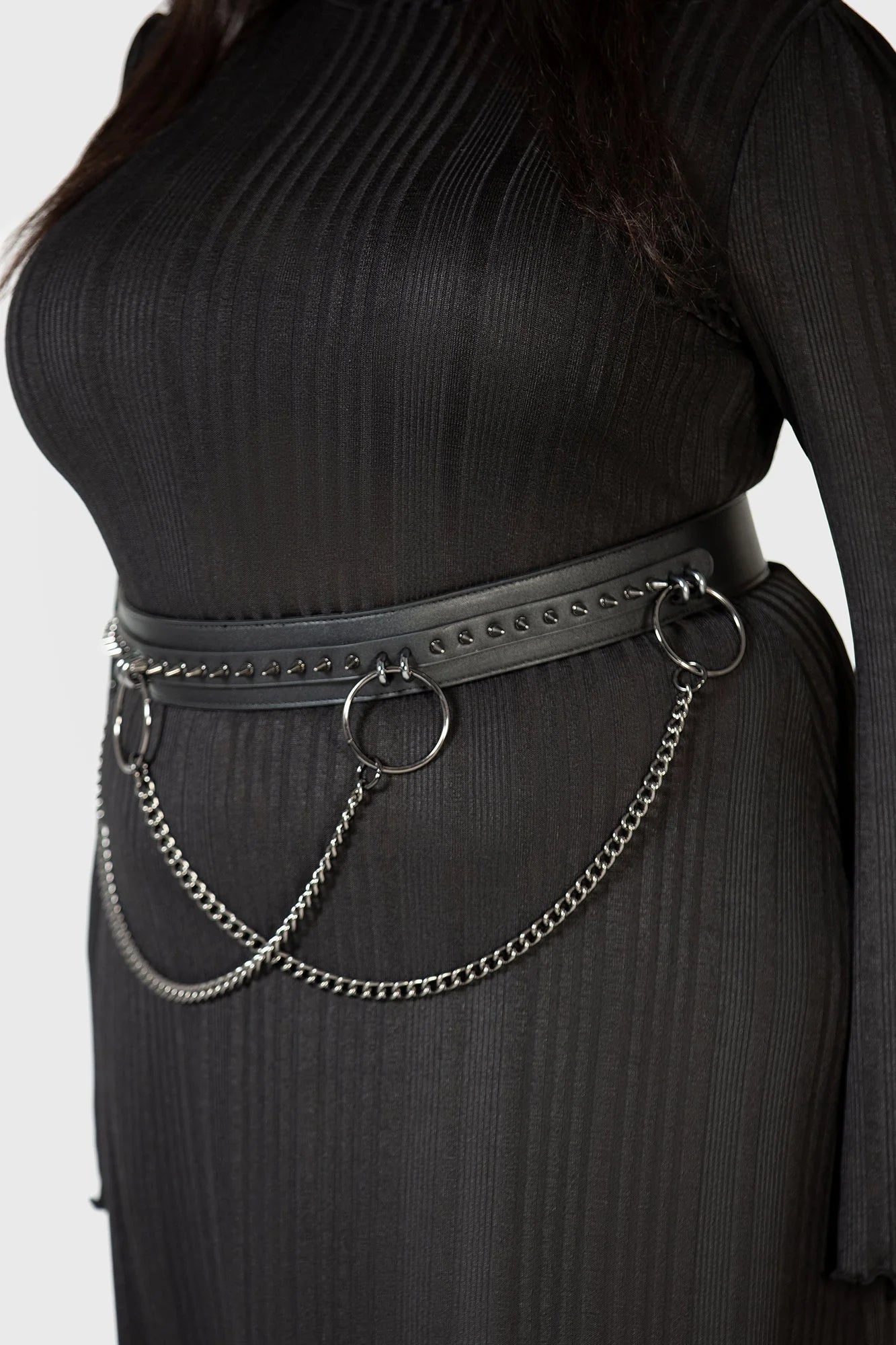 Black Studded PU Leather Corset Belt with O-Ring Chains & Spikes – Gothic Chain Waist Belt - Image 3