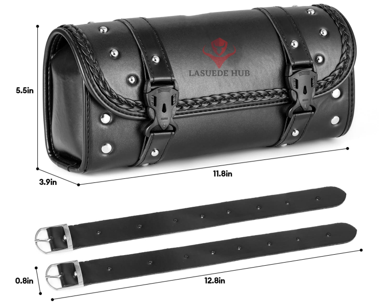 Vivid 11.8 inch Braided Fork Bag Motorcycle Impressive Studded Leather Tool Roll - Image 6