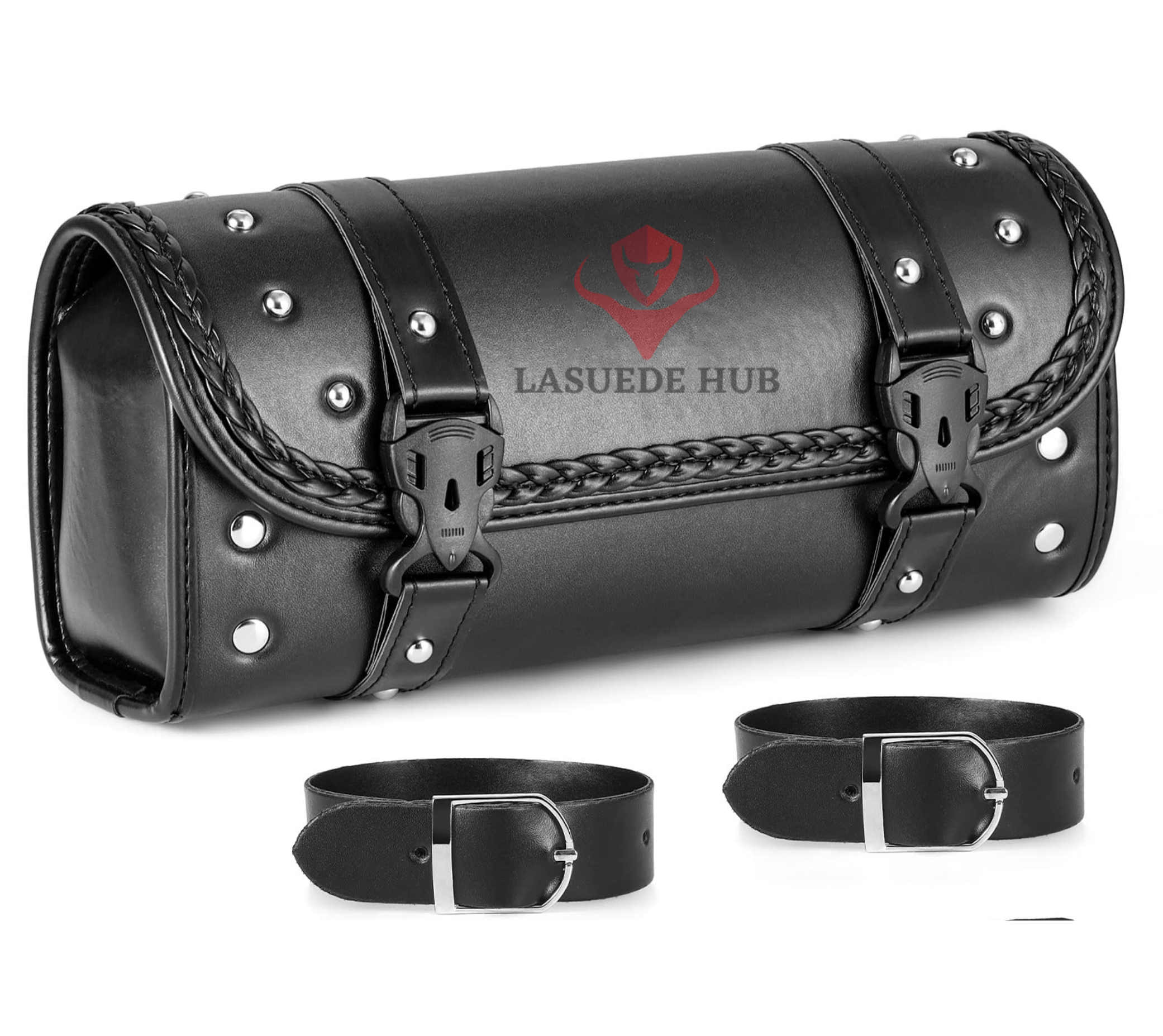 Vivid 11.8 inch Braided Fork Bag Motorcycle Impressive Studded Leather Tool Roll