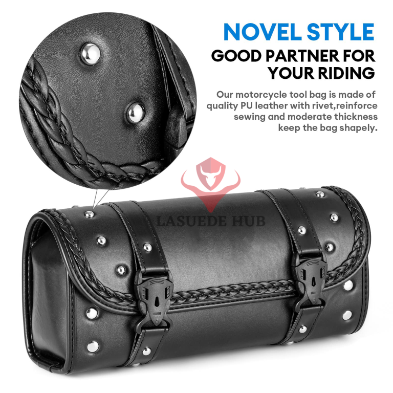 Vivid 11.8 inch Braided Fork Bag Motorcycle Impressive Studded Leather Tool Roll - Image 2