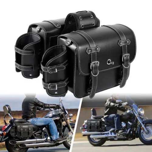 Universal 5.12” Wide Leather Motorcycle Saddlebags with Bottle Holder - Image 2