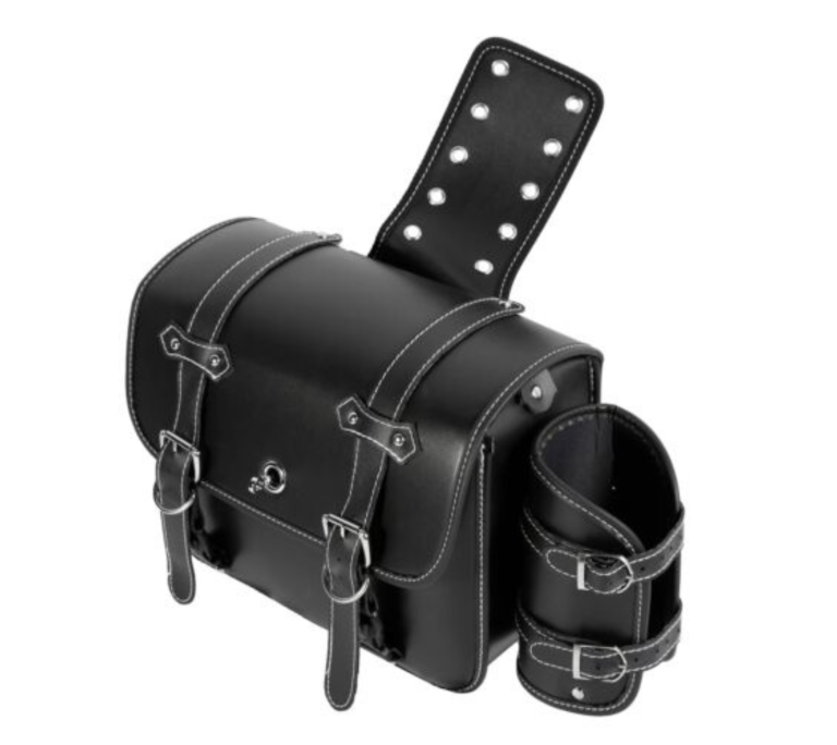 Universal 5.12” Wide Leather Motorcycle Saddlebags with Bottle Holder - Image 8